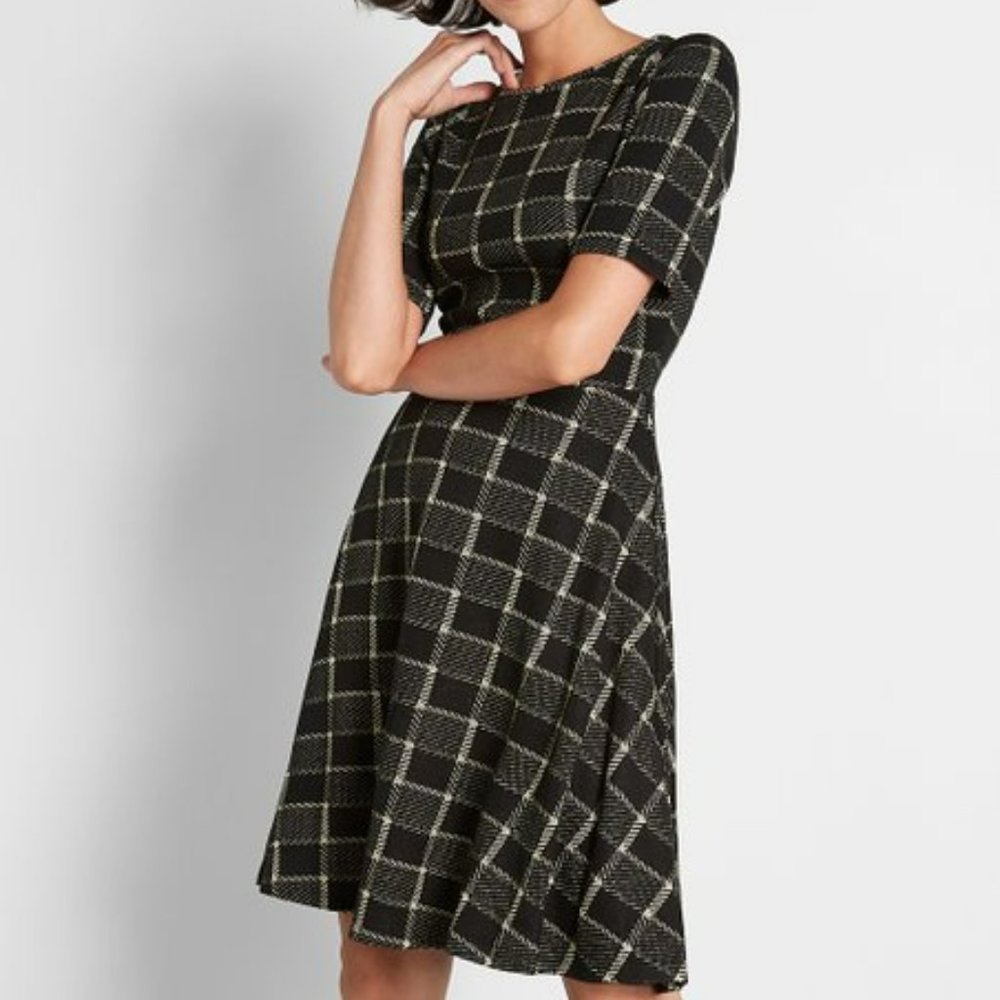 Black & Gold Geo Sweater A-Line Dress